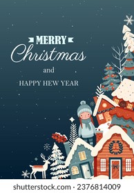 Weihnachten- und Neujahrsdesign. Weihnachtsrahmen, Plakat, Banner. Winterschmuckkarte mit Skandinavienhäusern, Bäumen, Mädchen. 