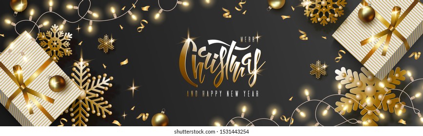Christmas and New Year design, gift box, gold balls, golden snowflakes, garland with luminous bulbs, lettering on black background. Festive vector horizontal template