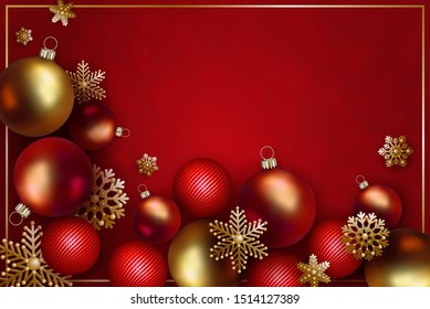 Christmas and New Year design. Gold and red realistic christmas balls and decorative golden snowflakes on a red background. Top view, vector illustration EPS 10