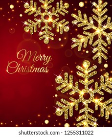 Christmas and new year design with golden glittering snowflakes and jewels on a red background. Vector illustration
