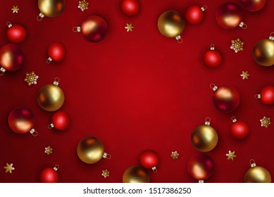 Christmas and New Year design. Golden and red realistic christmas balls and decorative snowflakes on red background. Festive banner with place for text. Top view, vector illustration EPS 10