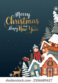 Christmas and New Year design with golden lettering. Christmas frame, poster. Winter card with scandi houses, trees, girl. 