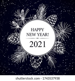 Christmas and New Year design for greeting cards, invitations, prints. Frame in vintage style with hand drawn elements isolated on dark blue background. Place for text