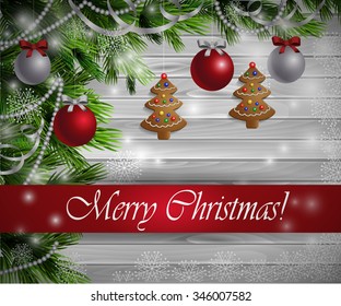 Christmas  New Year design light wooden background with christmas tree gingerbread decorations and red silver balls