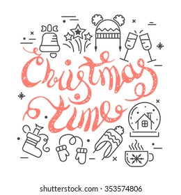 Christmas and New Year design with line icons. Winter holiday decorative elements for your design. Vector concept.