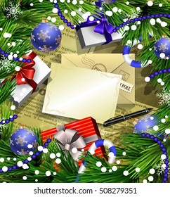 Christmas New Year design news paper background with christmas decorations candy canes snow and balls arranged in a frame with gift boxes and envelope paper and pen.