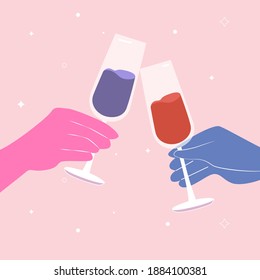 Christmas and New Year design. People holding champagne glasses and wineglass with red wine celebrating and having fun. Colorful vector Illustration, card