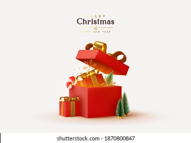 Christmas and New Year design. Realistic red gifts boxes. Open gift box full of decorative festive object. Holiday banner, web poster, flyer, stylish brochure, greeting card, cover. Xmas background