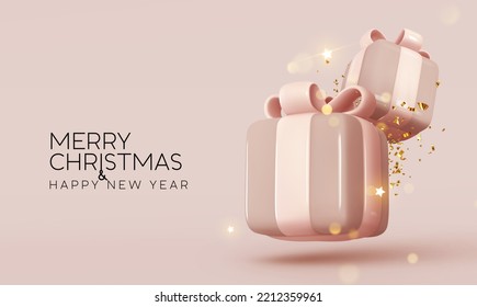 Christmas and new year design realistic 3d gift boxes. Christmas present surprise. Gift box in cartoon style. Holiday banner, web poster, flyer, greeting card. Xmas background. Vector illustration