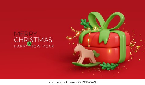 Christmas and new year design realistic 3d gift boxes. Christmas present surprise. Gift box in cartoon style. Holiday banner, web poster, flyer, greeting card. Xmas background. Vector illustration