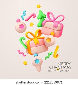 Christmas and new year design realistic 3d gift boxes. Christmas present surprise. Gift box in cartoon style. Holiday banner, web poster, flyer, greeting card. Xmas background. Vector illustration