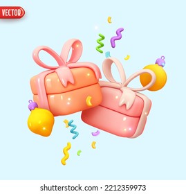 Christmas and new year design realistic 3d gift boxes. Christmas present surprise. Gift box in cartoon style. Holiday banner, web poster, flyer, greeting card. Xmas background. Vector illustration
