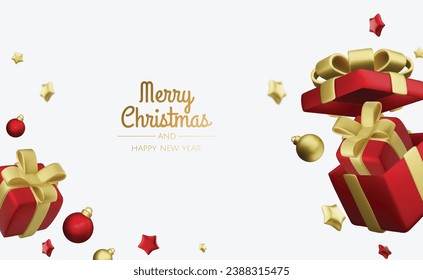 Christmas and New Year design. Realistic gift boxes. Open a gift box full of decorative holiday item. Holiday banner, web poster, flyer, stylish brochure, greeting card, cover. Christmas background