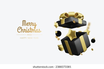 Christmas and New Year design. Realistic gift boxes. Open a gift box full of decorative holiday item. Holiday banner, web poster, flyer, stylish brochure, greeting card, cover. Christmas background