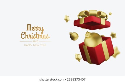 Christmas and New Year design. Realistic gift boxes. Open a gift box full of decorative holiday item. Holiday banner, web poster, flyer, stylish brochure, greeting card, cover. Christmas background
