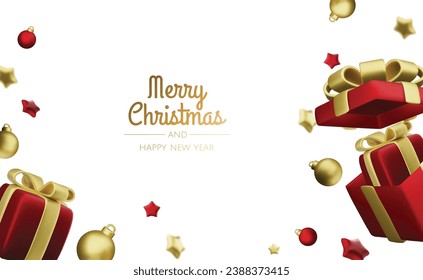Christmas and New Year design. Realistic gift boxes. Open a gift box full of decorative holiday item. Holiday banner, web poster, flyer, stylish brochure, greeting card, cover. Christmas background