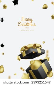 Christmas and New Year design. Realistic gift boxes. Open a gift box full of decorative holiday item. Holiday banner, web poster, flyer, stylish brochure, greeting card, cover. Christmas background