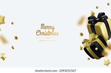 Christmas and New Year design. Realistic gift boxes. Open a gift box full of decorative holiday item. Holiday banner, web poster, flyer, stylish brochure, greeting card, cover. Christmas background