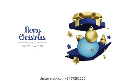 Christmas and New Year design. Realistic gift boxes. Open a gift box full of decorative holiday item. Holiday banner, web poster, flyer, stylish brochure, greeting card, cover. Christmas background