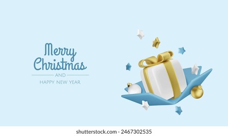 Christmas and New Year design. Realistic gift boxes. Open a gift box full of decorative holiday item. Holiday banner, web poster, flyer, stylish brochure, greeting card, cover. Christmas background