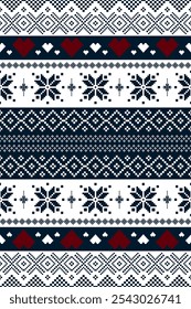 Christmas and New Year design. Red, blue and white seamless ethnic pattern. Christmas ethnic pixel pattern with Nordic flowers and hearts for winter hats, postcard, clothes, sweaters and jumpers.