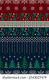 Christmas and New Year design. Red, blue, green, brown and white seamless ethnic pattern. Christmas ethnic pixel pattern with pine trees, elements and snowflakes for winter hats and folk sweaters.