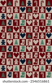 Christmas and New Year design. Red, blue, brown, green seamless pixel pattern. Christmas ethnic pixel pattern with hearts, candy cane, boots, gloves, gingerbread man and pine trees for gift wrap,card.