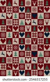 Christmas and New Year design. Red, blue, brown, green seamless pixel pattern. Christmas ethnic pixel pattern with hearts, reindeers, Nordic snowflakes and pine trees for gift wrap and postcard.