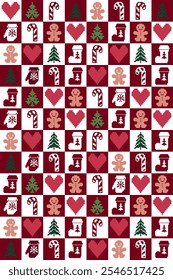 Christmas and New Year design. Red, brown, green and white seamless pixel pattern. Christmas ethnic pixel pattern with hearts, candy canes, boots, gloves, gingerbread man and pine trees for gift wrap 