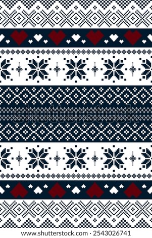 Christmas and New Year design. Red, blue and white seamless ethnic pattern. Christmas ethnic pixel pattern with Nordic flowers and hearts for winter hats, postcard, clothes, sweaters and jumpers.
