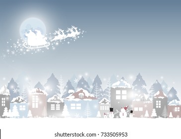 Christmas and New year design of santa claus with reindeer and village in winter