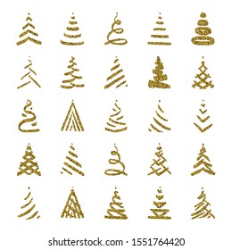 Christmas and New Year design. Set of creative gold glitter xmas fir trees. Collection of simple Christmas tree icons isolated on white background.  Vector illustration for greeting card, invitation.