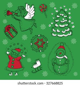 Christmas and New Year design set with Santa, snowman, angel, conifer and patterns, with hand drawn elements