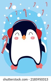 Christmas and New Year design with stylized Penguin and candy. Amazing winter holiday card. Vector illustration