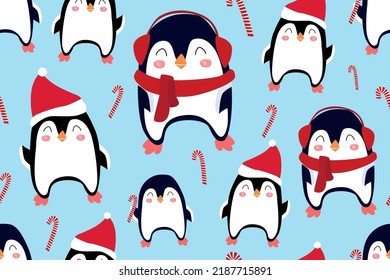 Christmas and New Year design with stylized pattern Penguins and candys. Amazing winter holiday card. Vector illustration