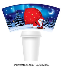 Christmas and New Year design template paper cup for coffee with a Santa Claus by ski carrying a red sack against the night winter spruce forest in snow 
under starry sky with northern lights. Vector 