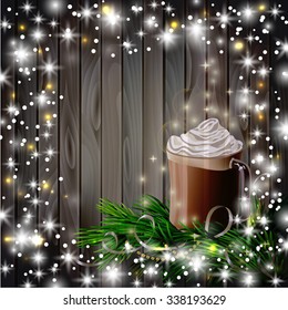 Christmas  New Year design wooden background with hot chocolate and Christmas tree branch