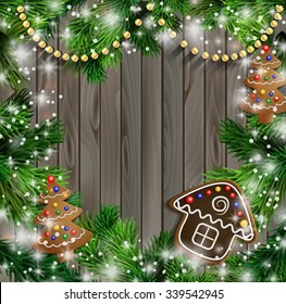 Christmas  New Year design wooden background with christmas lights garland and gingerbread trees and house. Vector illustration, Cristmas tree