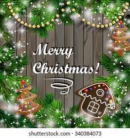 Christmas  New Year design wooden background with Christmas lights garland and gingerbread trees and house. Vector illustration, Christmas tree with text