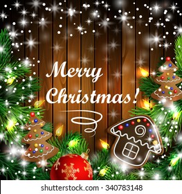 Christmas  New Year design wooden background with christmas lights garland and gingerbread trees and house. Vector illustration, Cristmas tree with text and a ball