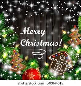 Christmas  New Year design wooden background with christmas lights garland and gingerbread trees and house. Vector illustration, Cristmas tree with text and a ball