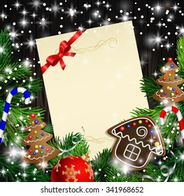 Christmas  New Year design wooden background with christmas lights garland and gingerbread trees and house. Vector illustration, Cristmas tree with text candies and a ball. Paper 