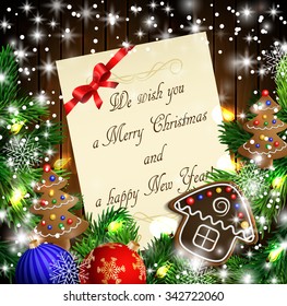 Christmas  New Year design wooden background with christmas lights and gingerbread trees and house. Vector illustration, Christmas tree with text candies and a ball. Paper 