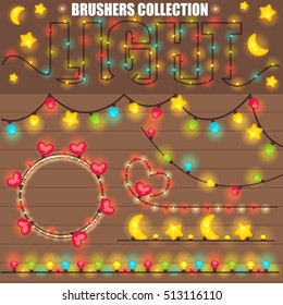 Christmas or New Year design with wooden background  christmas colorful lights garland. Various shapes star and moon, heart shape, light bulb. All brushes are in the swatches palette. 