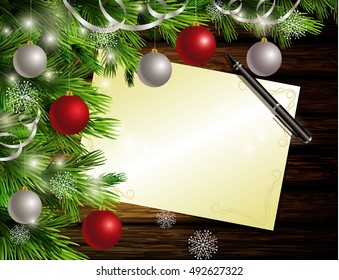 Christmas New Year designdark rustic wooden background with christmas tree and silver and red balls and wish list and pen