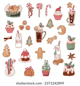 Christmas and New Year desserts and hot drinks vector illustration set.