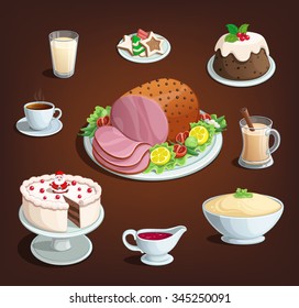 Christmas new Year dinner family food dishes icons illustration vector color dark background