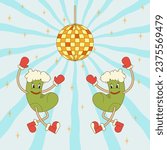 Christmas and New Year. Disco in groovy retro style. Two Christmas stockings in cartoon style.