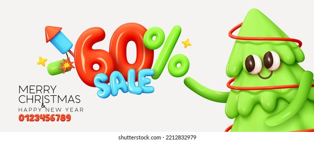 Christmas and New Year discounts 60% editable numbers. Promotion discounts and sale. Realistic 3d design Cartoon green christmas tree. Promo banner, web poster, flyer and brochure. Vector illustration