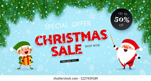 Christmas and New Year discounts and sales, a festive advertising banner with Santa Claus, Christmas elf, gift, decorated with Christmas tree branches and falling snow, vector illustration